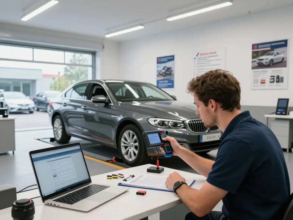 Kfz Gutachter Bonn inspiziert ein Fahrzeug auf Schäden in einem professionellen Bürosetting.