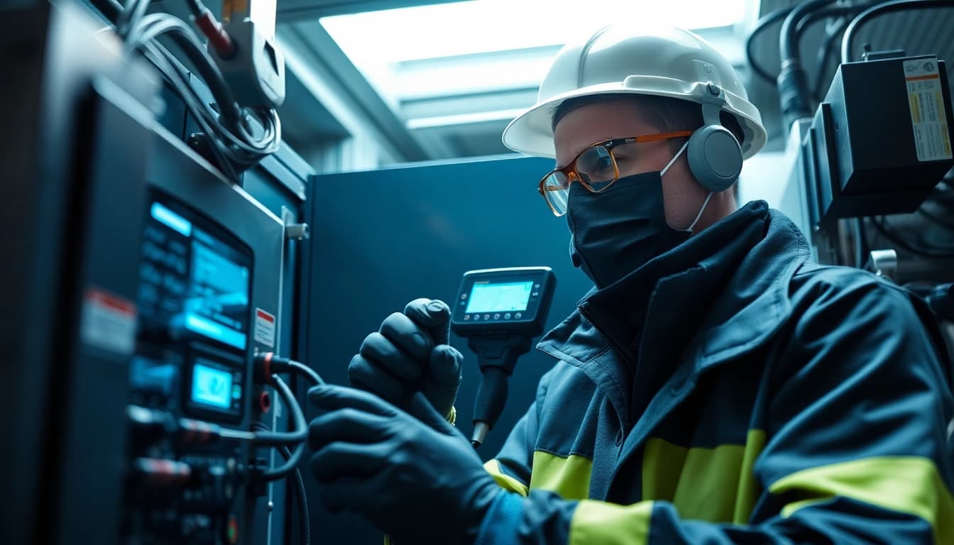 Techniker führt eine DGUV V3 Prüfung an einem elektrischen Gerät durch, Sicherheitsausrüstung im Einsatz.
