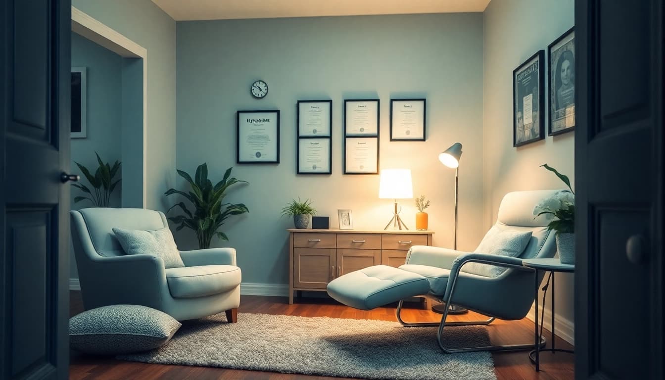 Experience tranquility in a calming Hypnose Hamburg therapy room with soft lighting and inviting decor.