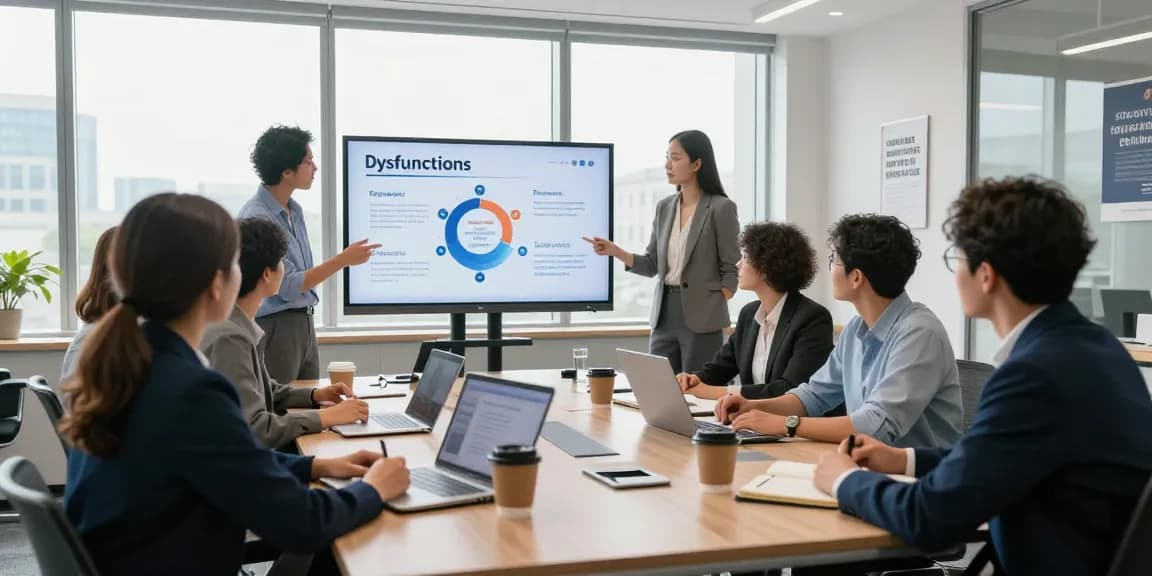 Erkenne dysfunktionale Teamführung in modernen Büros durch Teamdiskussionen und Präsentationen.