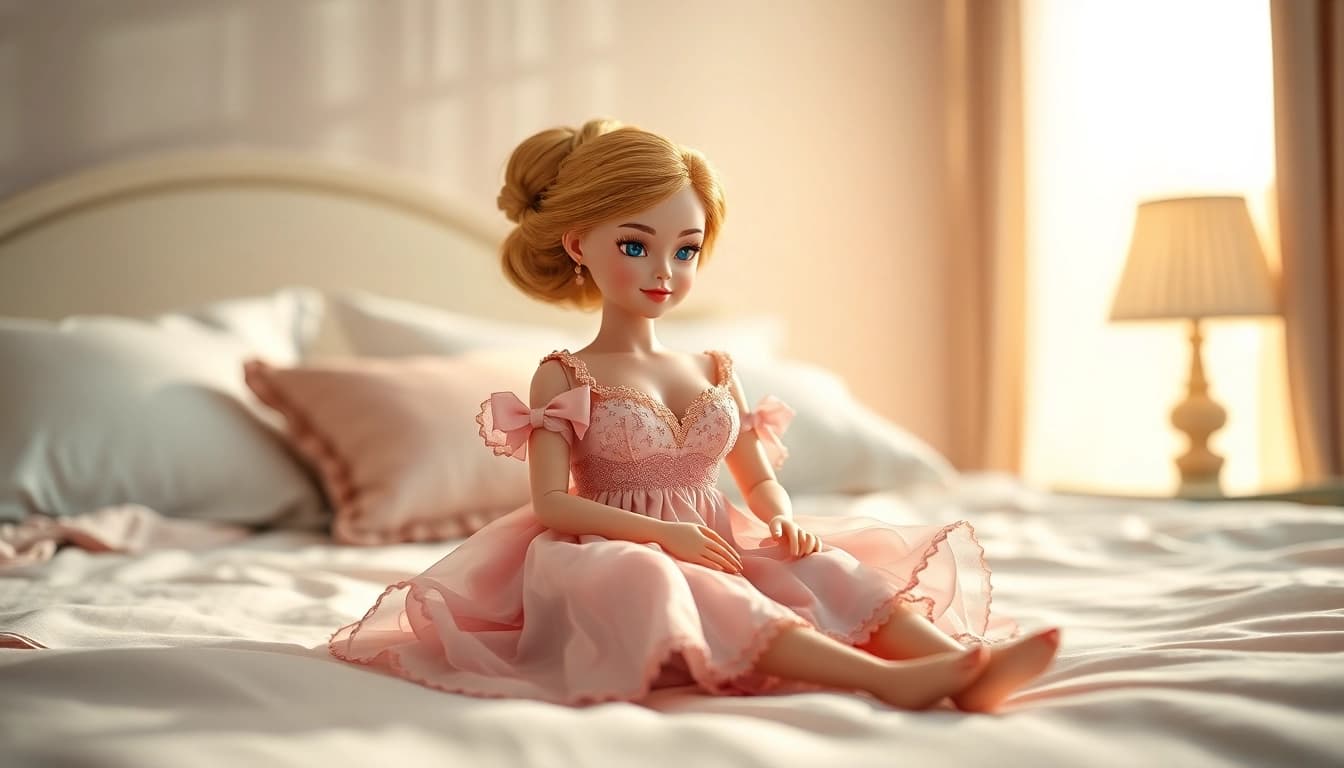 Liebevolle Darstellung von Love Dolls auf einem eleganten Bett mit lebensechten Details.