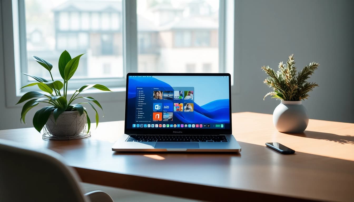 Visualisiere die Nutzung von Microsoft Office für M4 auf einem Mac, präsentiert in einem modernen, hellen Arbeitsbereich mit elegantem Design und inspirierender Atmosphäre.