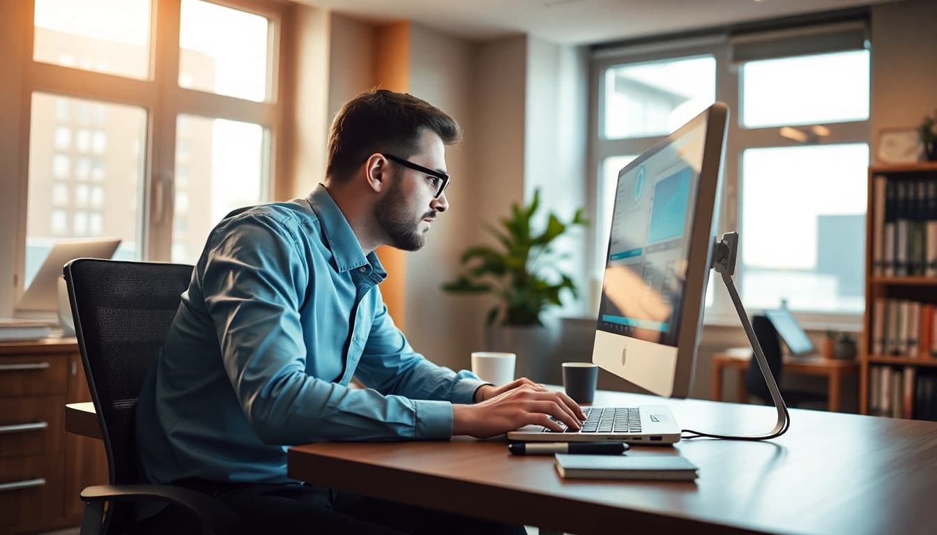 Professioneller Headhunter IT am Schreibtisch, fokusiert auf IT-Kandidaten.