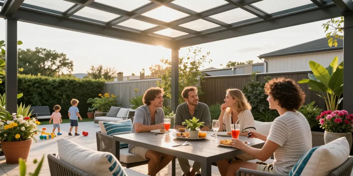 Familie genießt eine Terrassenüberdachung im Freien mit entspannter Atmosphäre.