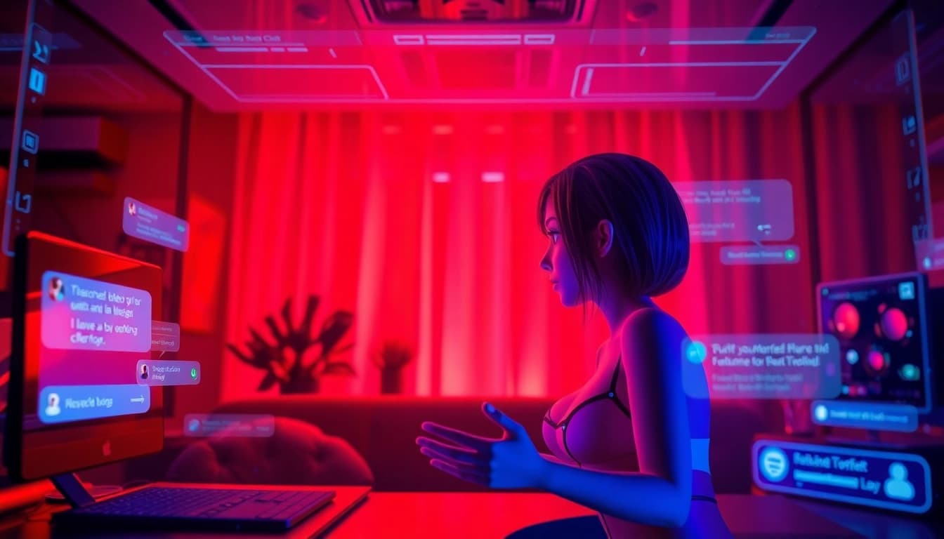 Engaging chat interface for ai chat porn featuring an alluring AI character in a warm, inviting setting.