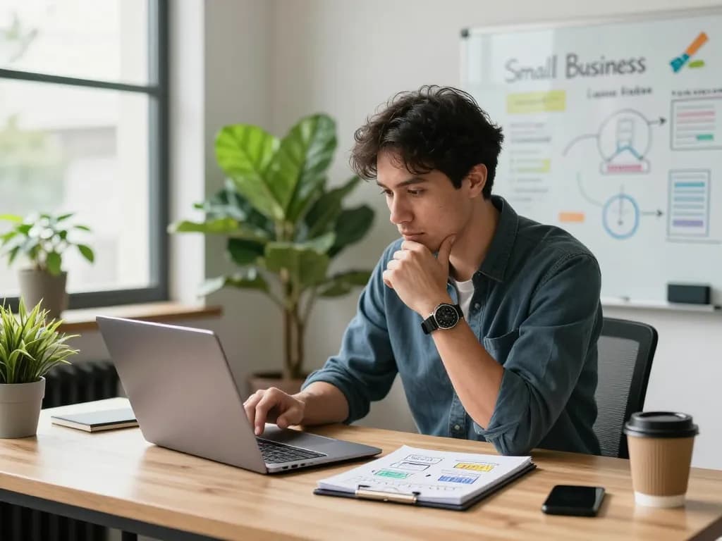 Agentic payments for small businesses: Entrepreneur analyzing innovative payment solutions at a modern office.