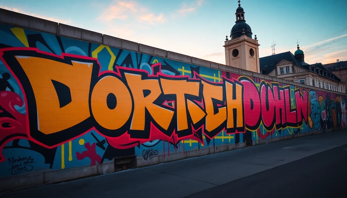 Erzeuge ein beeindruckendes Graffiti Dortmund mit lebendigen Farben und urbanem Flair auf einer Wand im Sonnenuntergang.