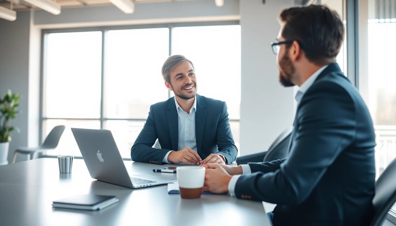 Headhunter IT führt ein Interview mit einem IT-Kandidaten in einem modernen Büro.