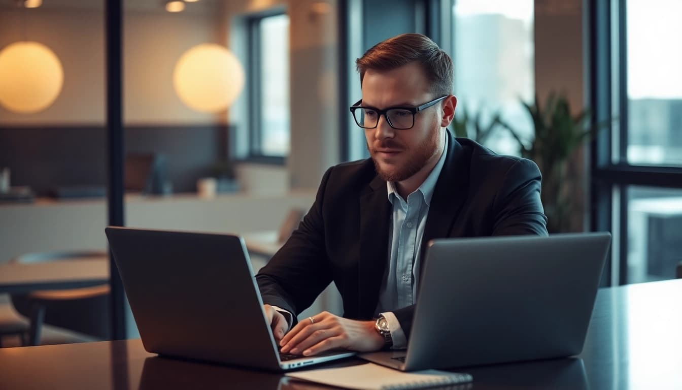 Headhunter analysiert Bewerbungsunterlagen in einem modernen Büro mit Fokus auf professionelle Gestaltung.