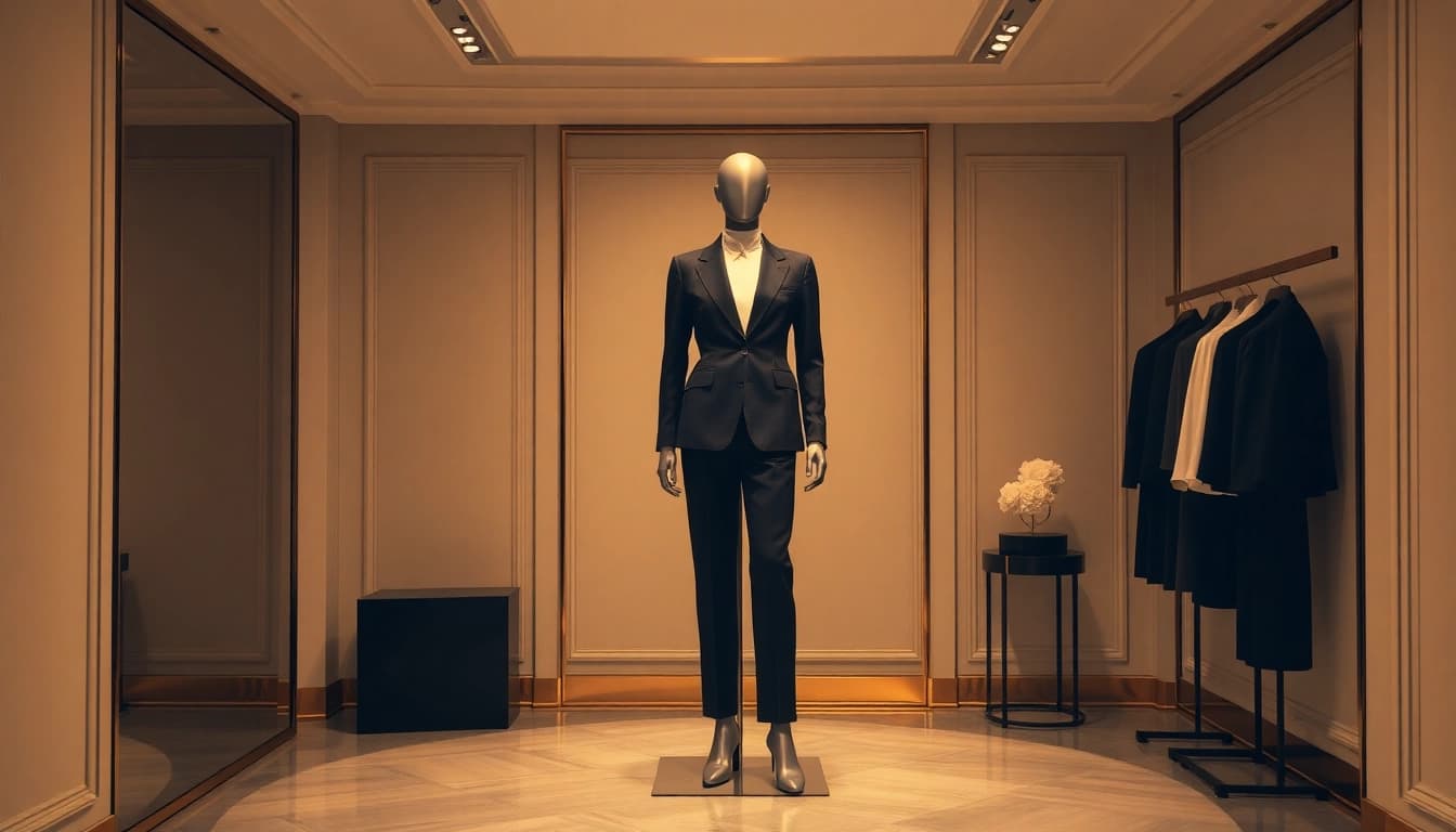 Luxury fashion display showcasing elegant clothing in a sophisticated boutique.