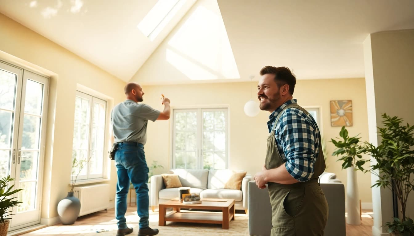 Handwerker renoviert ein Wohnzimmer und verwandelt es durch frische Farben während der Hausrenovierung.