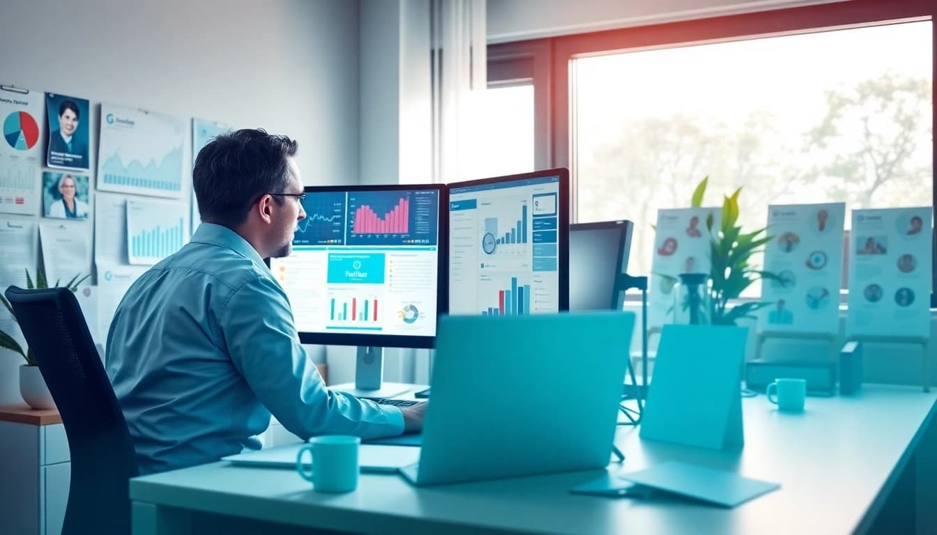 Explore strategies in marketing für pflegedienste with innovative visuals at a professional workspace.