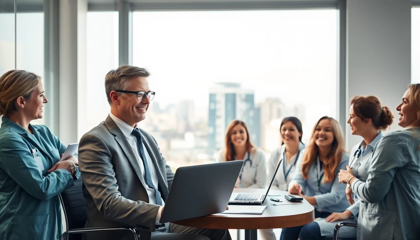 Headhunter Pflegekräfte bei der aktiven Rekrutierung qualifizierter Pflegekräfte in einem modernen Büro.