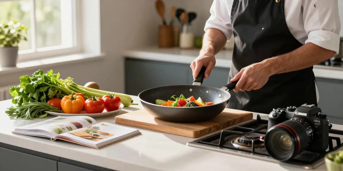 Kochen mit einer PTFE-freien Pfanne in einer modernen Küche, gesunde Zutaten und frische Kräuter.