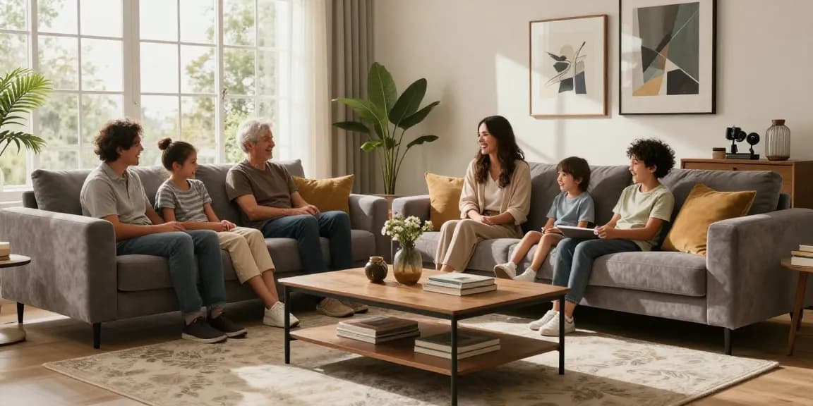 Gemütliches Wohnzimmer mit stilvollem Sofa, das das Wesen eines Online-Möbelshops zeigt.