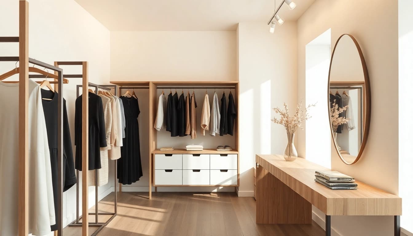 Kleiderbügel Großhandel: elegante Auswahl an Holz- und Metallbügeln in einer stilvollen Boutique-Präsentation.