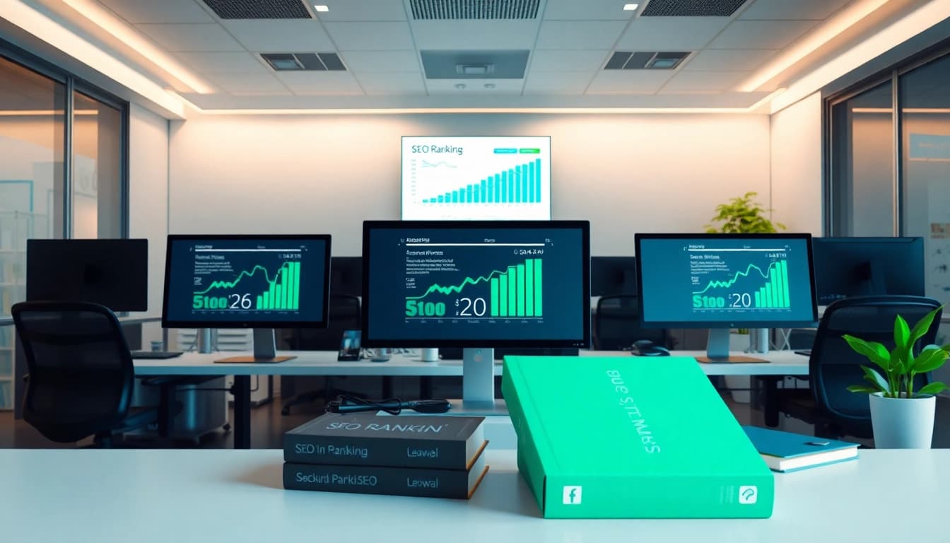 Visualisierung von SEO-Ranking-Statistiken in einem modernen Büro mit Computern und inspirierenden Büchern.