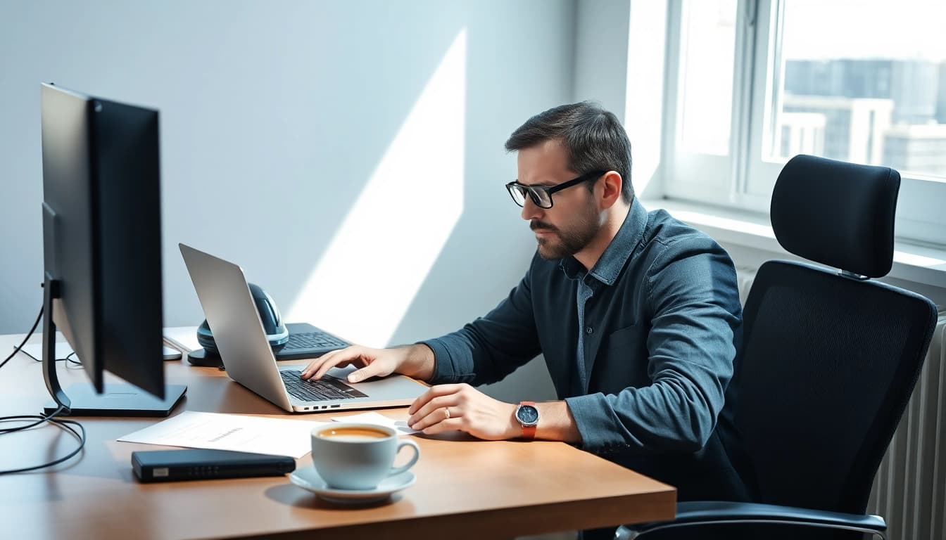 Headhunter IT bei der Arbeit, analysiert Lebensläufe und Stellenangebote am Schreibtisch.