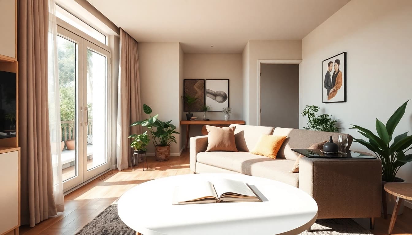 Moderne Raumgestaltung mit einer einladenden Sitzecke, harmonischen Farben und inspirierenden Pflanzen.