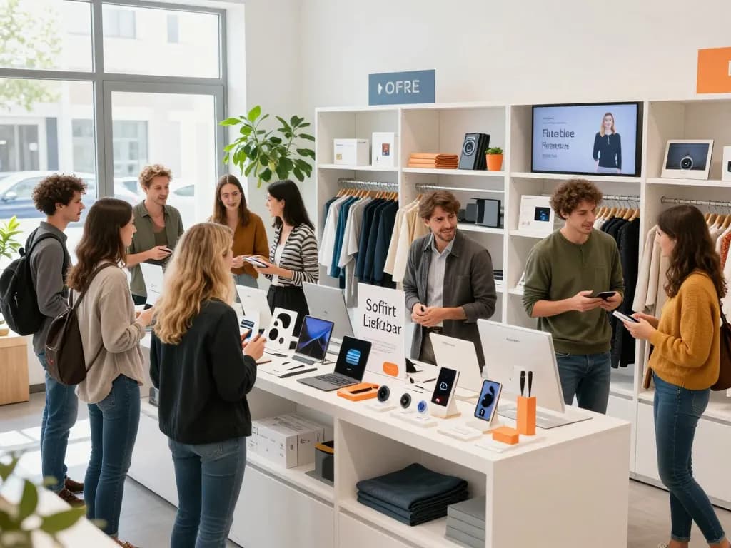 Kunden, die begeistert Sofort Lieferbar-Produkte in einem modernen E-Commerce-Showroom erkunden, mit lebhaften Displays und engagiertem Personal.