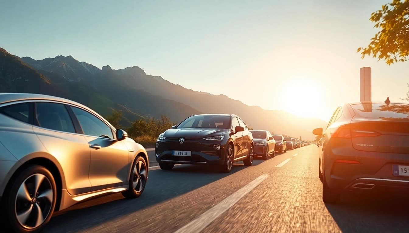 Elektroautos fahren auf malerischer Straße, umgeben von Natur und verschiedenen Ladestationen.