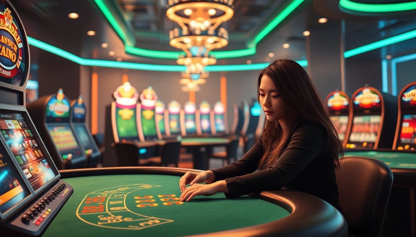 Erleben Sie die Spannung im Online Casino mit eleganten Spieltischen und bunten Spielautomaten.