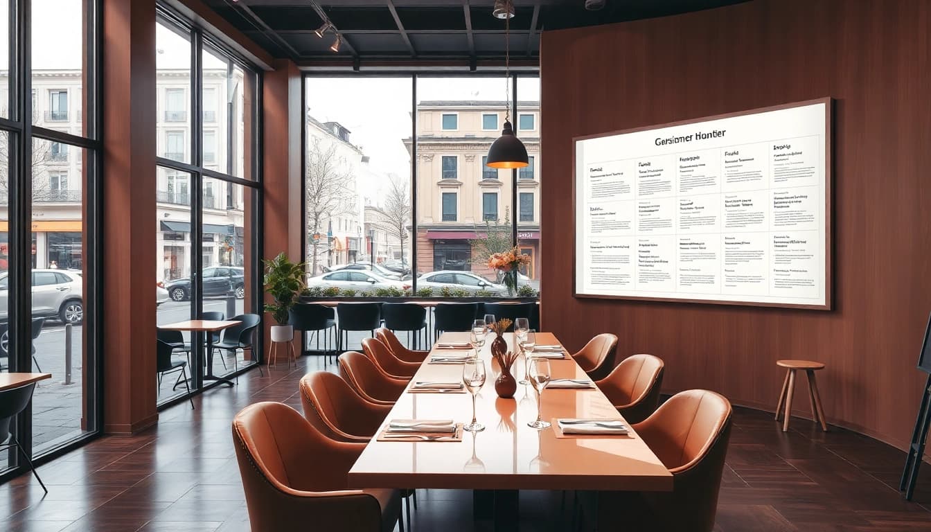 Professioneller Headhunter Gastronomie-Bereich mit eleganten Büromöbeln und Lebensläufen auf einem Tisch.