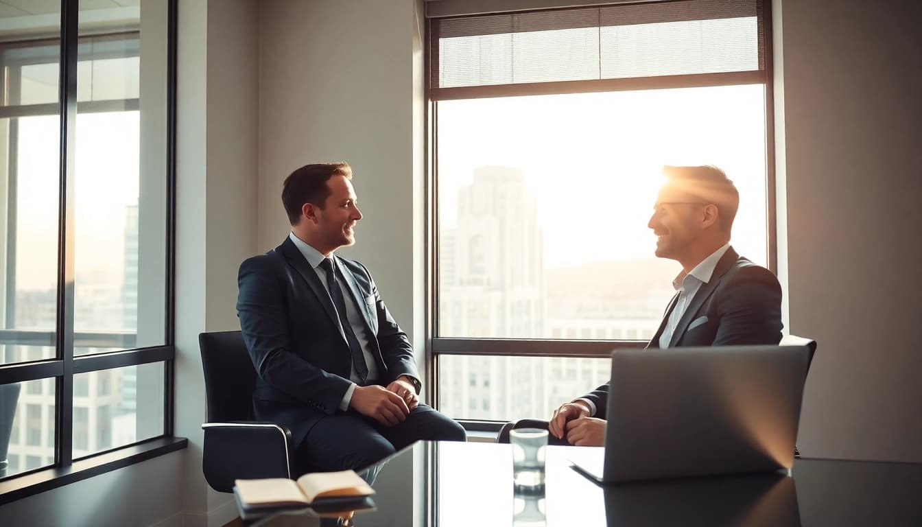 Headhunter im Gespräch mit einem Kandidaten in einem modernen Büro.