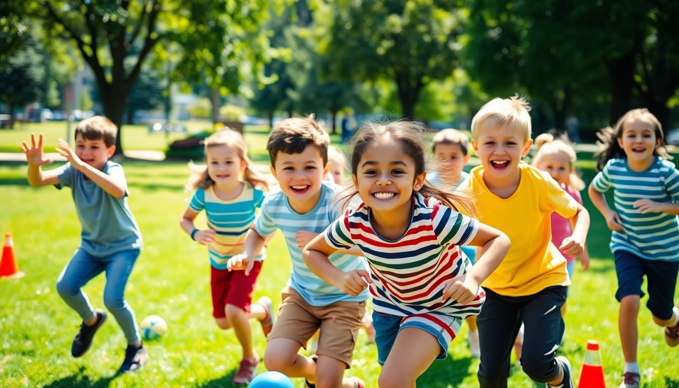 Details jetzt lesen, children joyfully engaging in movement games in a sunny park.