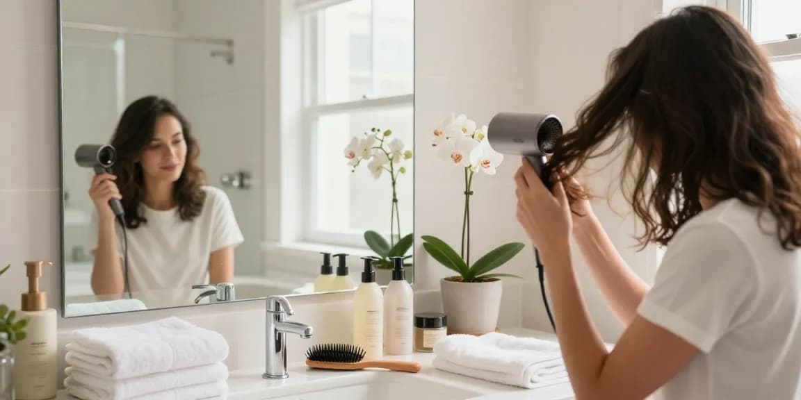 Woman using a mini blow dryer in a stylish bathroom, with hair products and light streaming through the window.