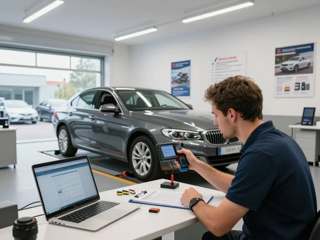 Kfz Gutachter Bonn inspiziert ein Fahrzeug auf Schäden in einem professionellen Bürosetting.