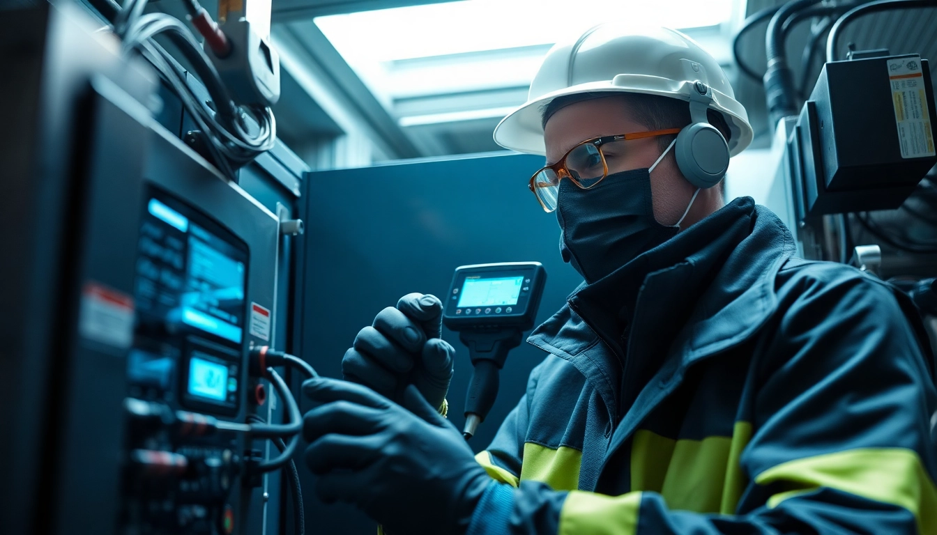 Techniker führt eine DGUV V3 Prüfung an einem elektrischen Gerät durch, Sicherheitsausrüstung im Einsatz.