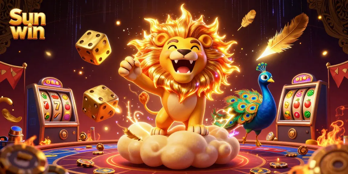 Spin the reels for a chance to win with Sun win, featuring a golden lion and casino elements.