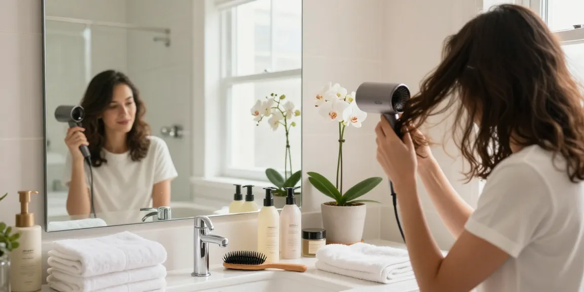 Woman using a mini blow dryer in a stylish bathroom, with hair products and light streaming through the window.
