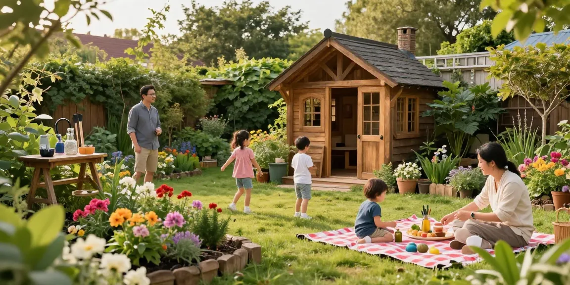 Gemütliches Gartenhaus von McGarden24 mit grüner Umgebung und spielenden Kindern im Garten.