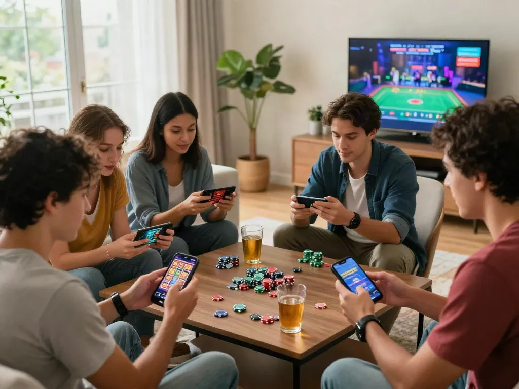 Freunde spielen aktuelle mobile Casino-Anbieter Spiele in einem einladenden Wohnzimmer mit Spielen auf ihren Smartphones.