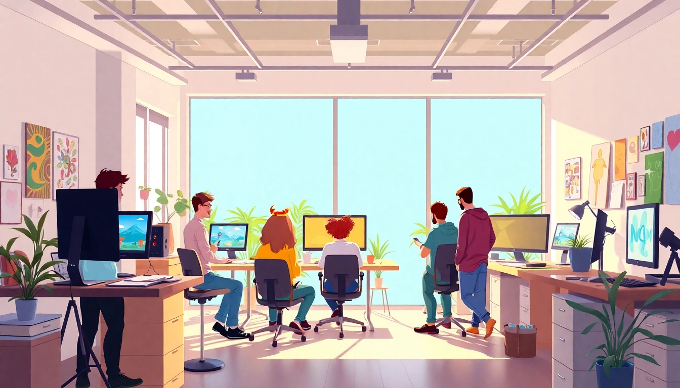 Creative team collaborating in an Animation Studio Berlin, showcasing vibrant 2D animation projects and modern equipment.