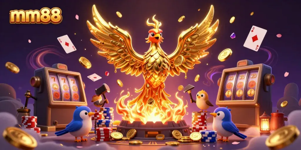 Engage in winning moments with MM88's thrilling 3D casino experience featuring a golden phoenix!