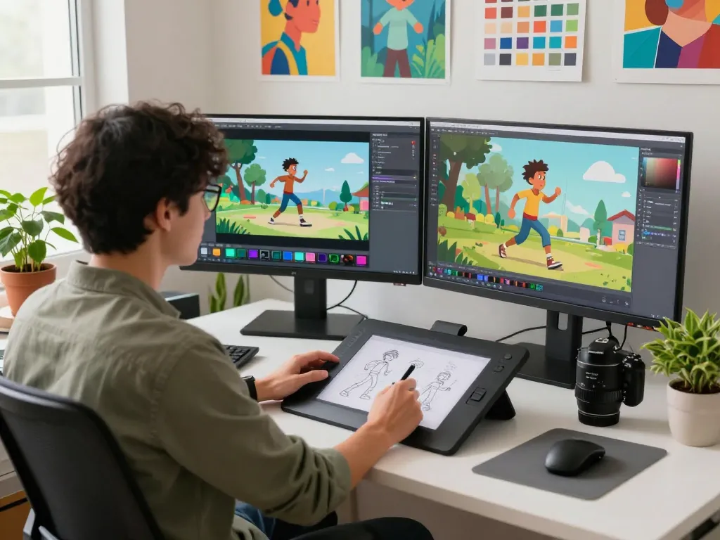 Kling 2.6 motion control empowers animators in a modern studio, showcasing character motion with advanced software tools.