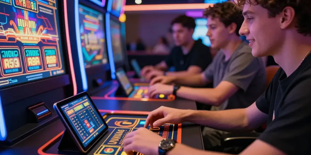 Vibrant scene of players engaging with Link Uk88 slot games in a modern online casino setting.