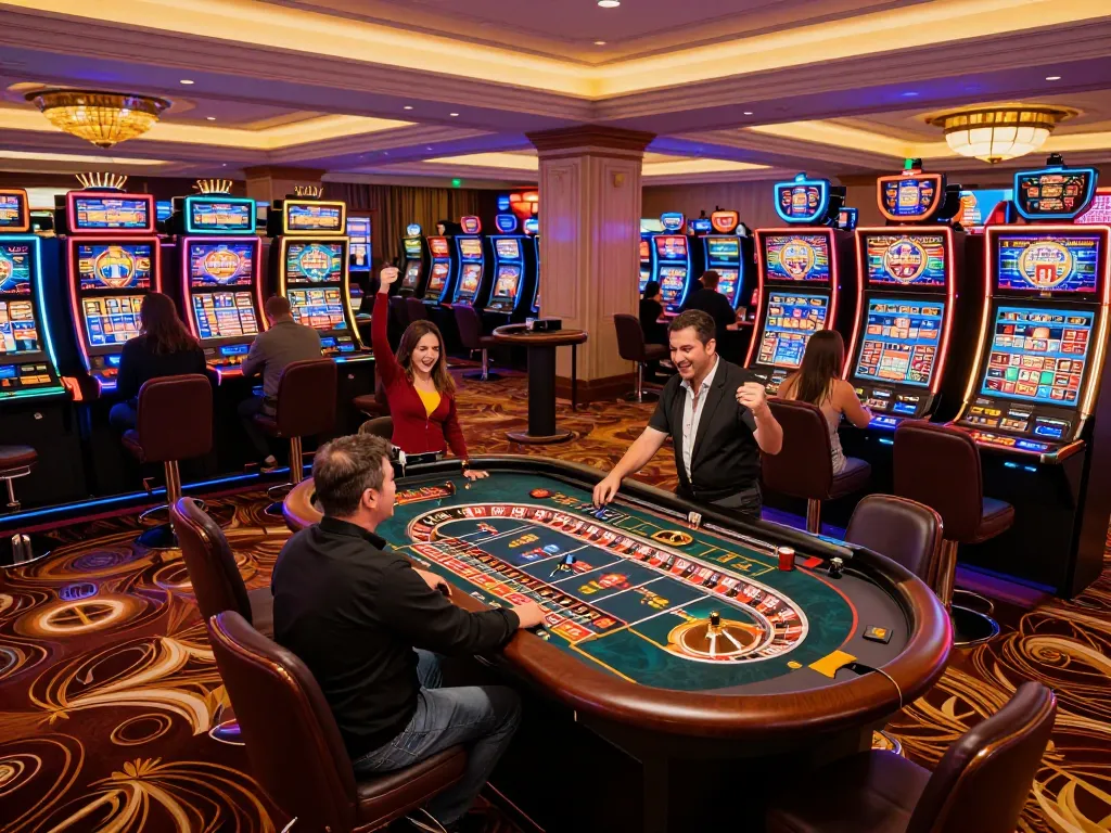F168 players celebrating at an upscale casino with roulette and vibrant slot machines.
