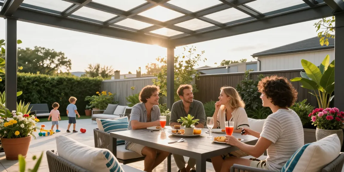 Familie genießt eine Terrassenüberdachung im Freien mit entspannter Atmosphäre.