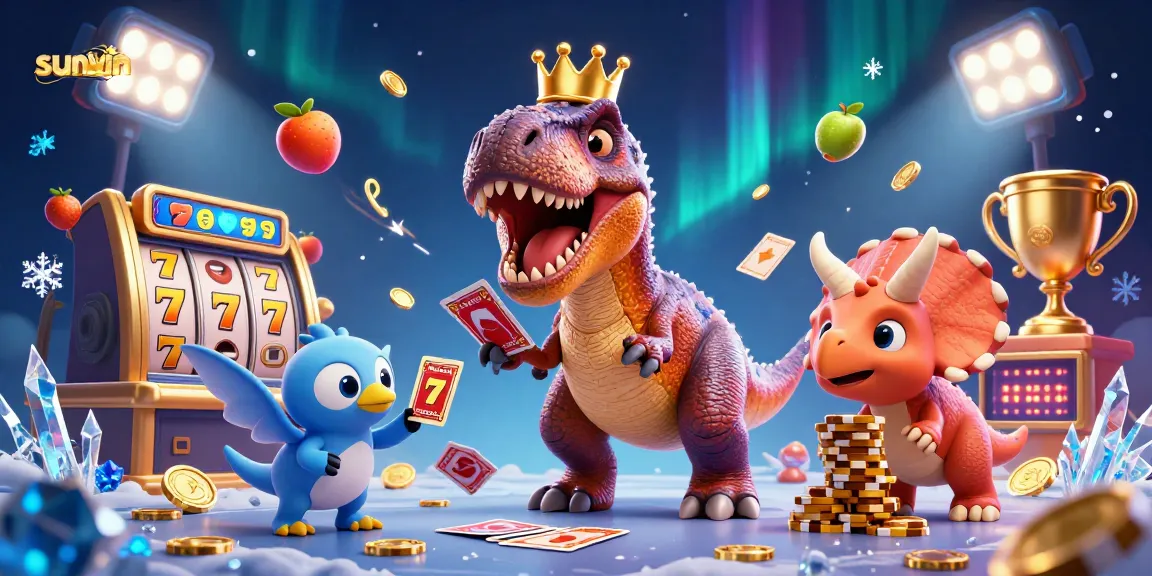 Experience thrilling gameplay with sunwin in a delightful dinosaur-themed casino scene filled with energetic elements.
