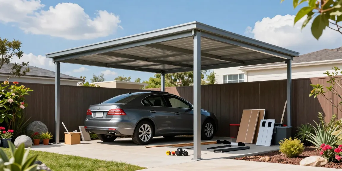 Moderne Carport-Anlage unter einem klaren Himmel mit glänzendem Auto.