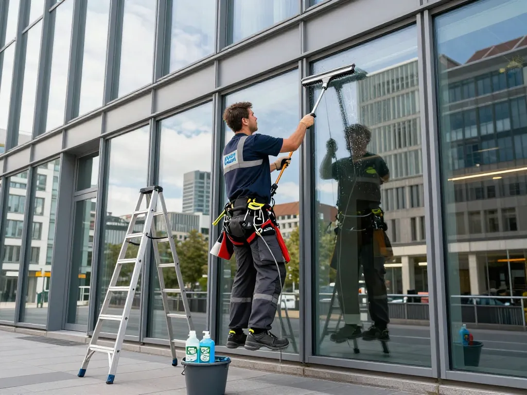 Experte Fensterputzer in Münster reinigt die Glasfassade eines Bürogebäudes und zeigt Professionalität sowie umweltfreundliche Methoden.