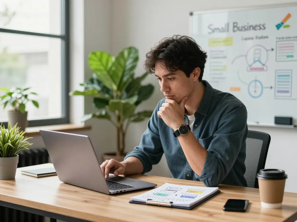 Agentic payments for small businesses: Entrepreneur analyzing innovative payment solutions at a modern office.