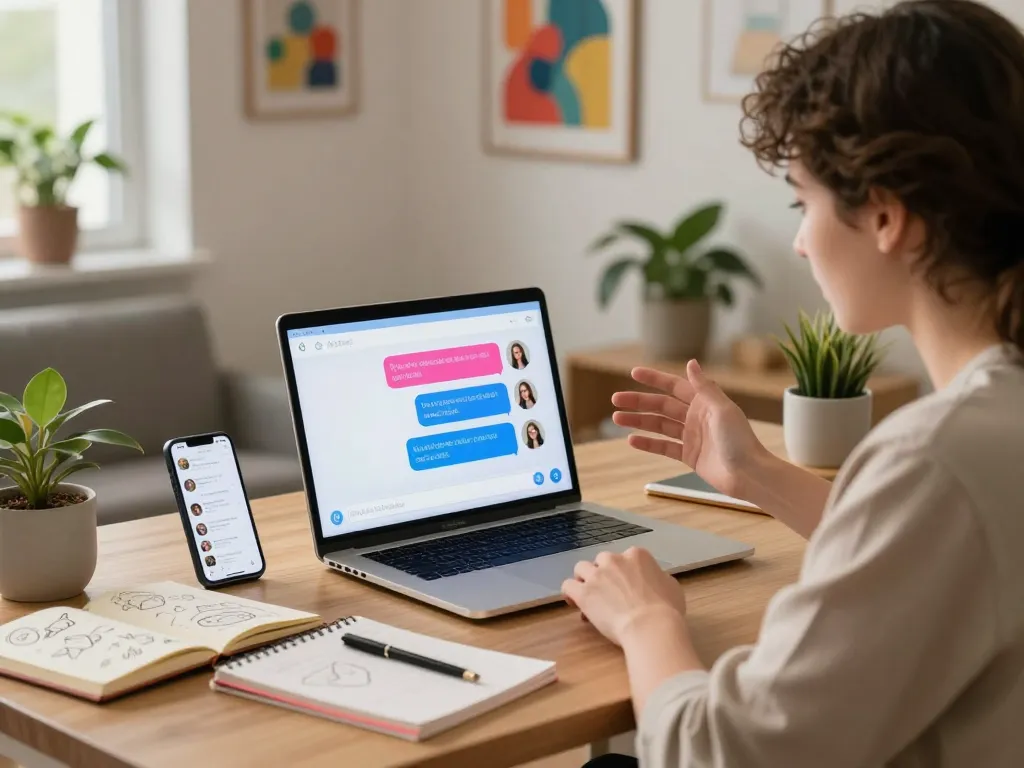 Interactive young adult engaging in sex AI chat on a modern laptop in a cozy home office.