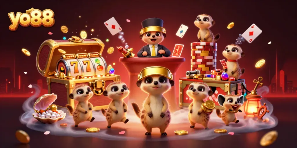 Experience the thrill at yo88 with playful meerkats running a vibrant casino operation, amidst gold and treasure.