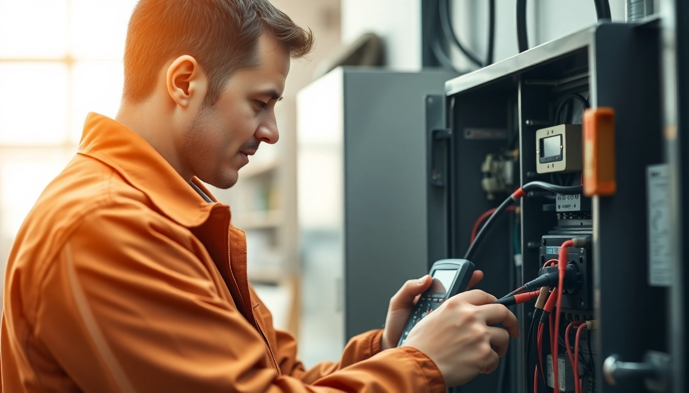 Technician performing a DGUV V3 Prüfung on electrical equipment with a multimeter.