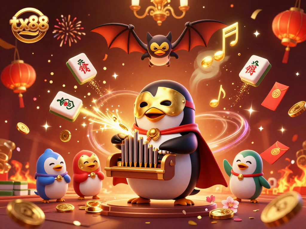 tx88 showcases a vibrant casino scene with a penguin organist celebrating with golden coins and dynamic decorations.